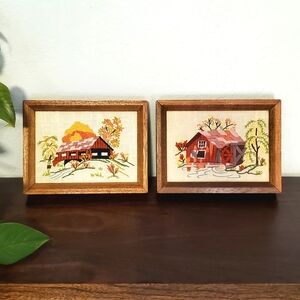 Vintage  Set Of Crewel Embroideries Watermill Covered Bridge Country Cottage